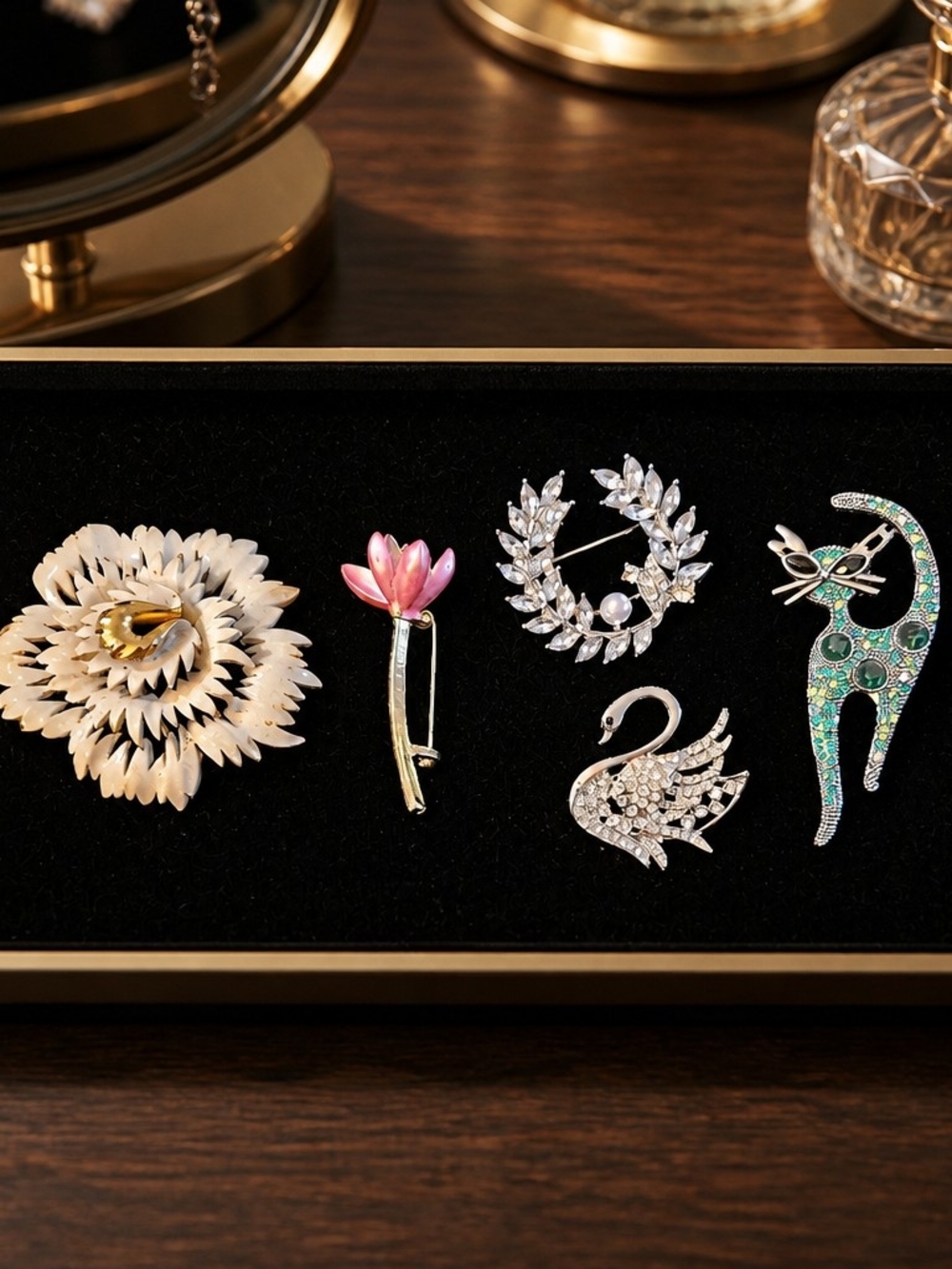 Assorted Women's Brooch Set - Pink, White, Silver, Green Accents
